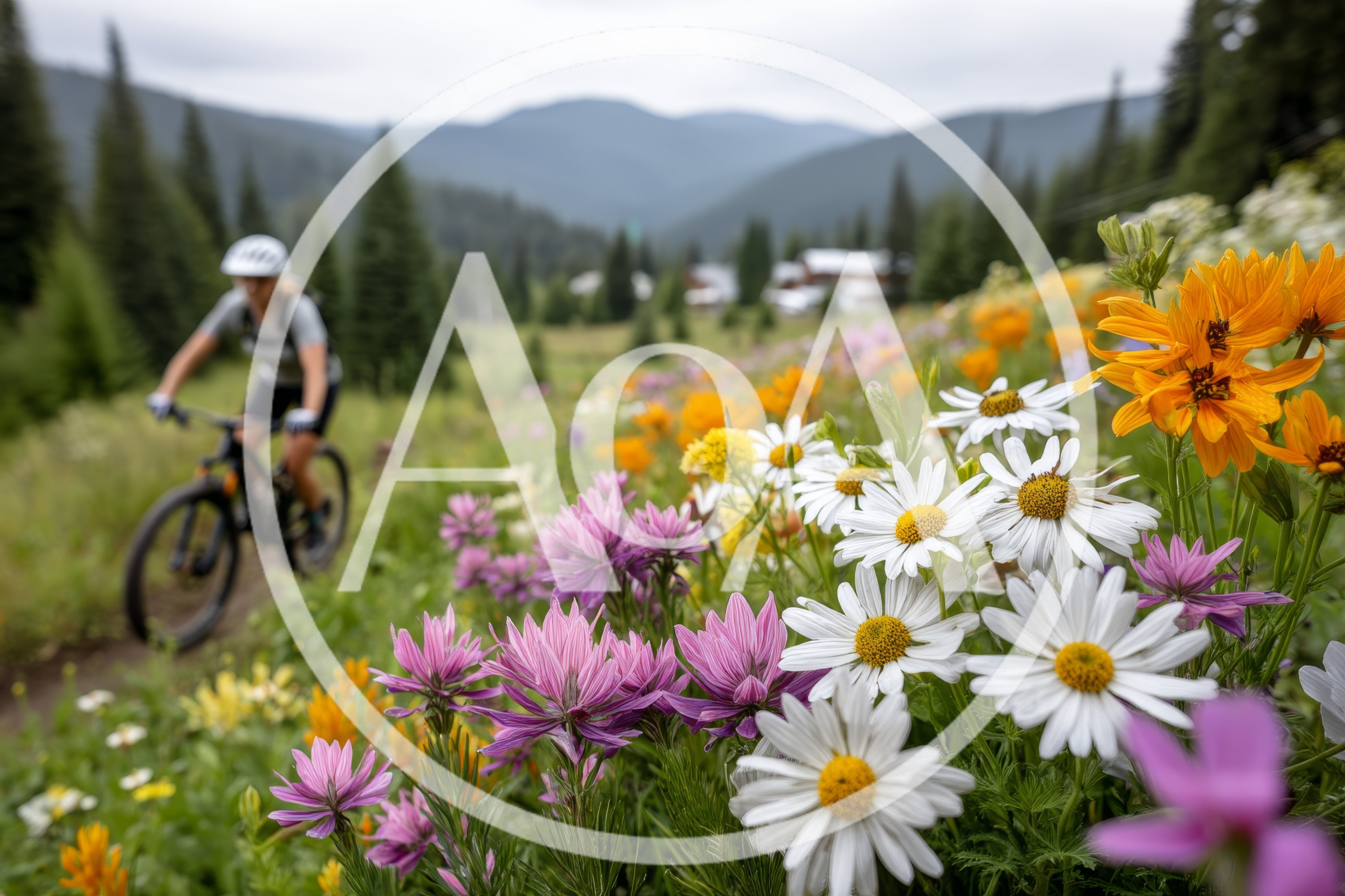 Mountain Biker Riding Through Wildflower Meadow