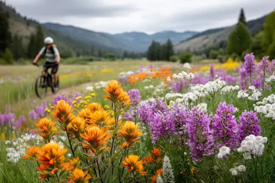 Mountain Biker Riding Through A Wildflower Meadow