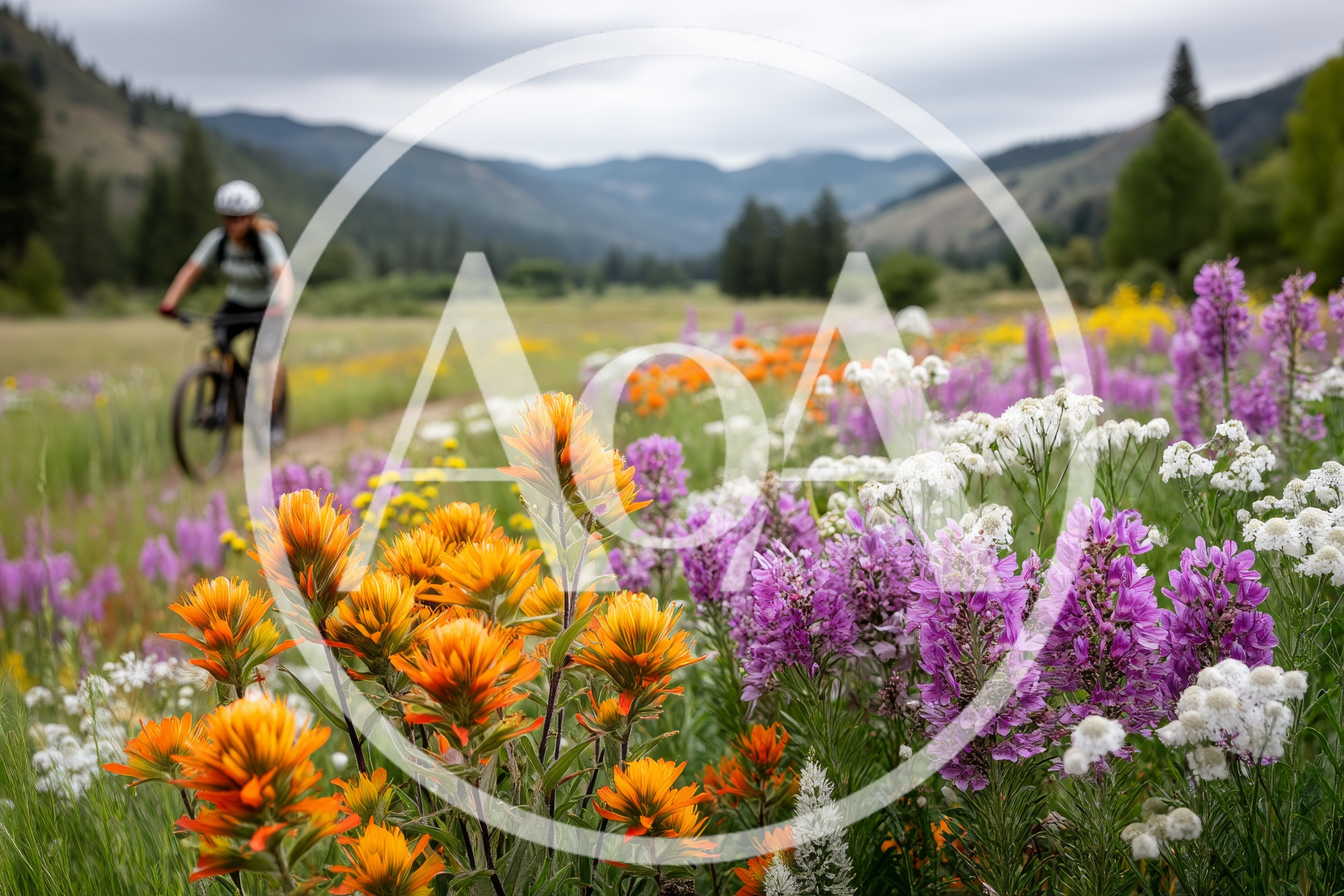 Mountain Biker Riding Through A Wildflower Meadow