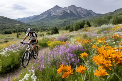 Woman Mountain Biking Through Wildflower Meadow