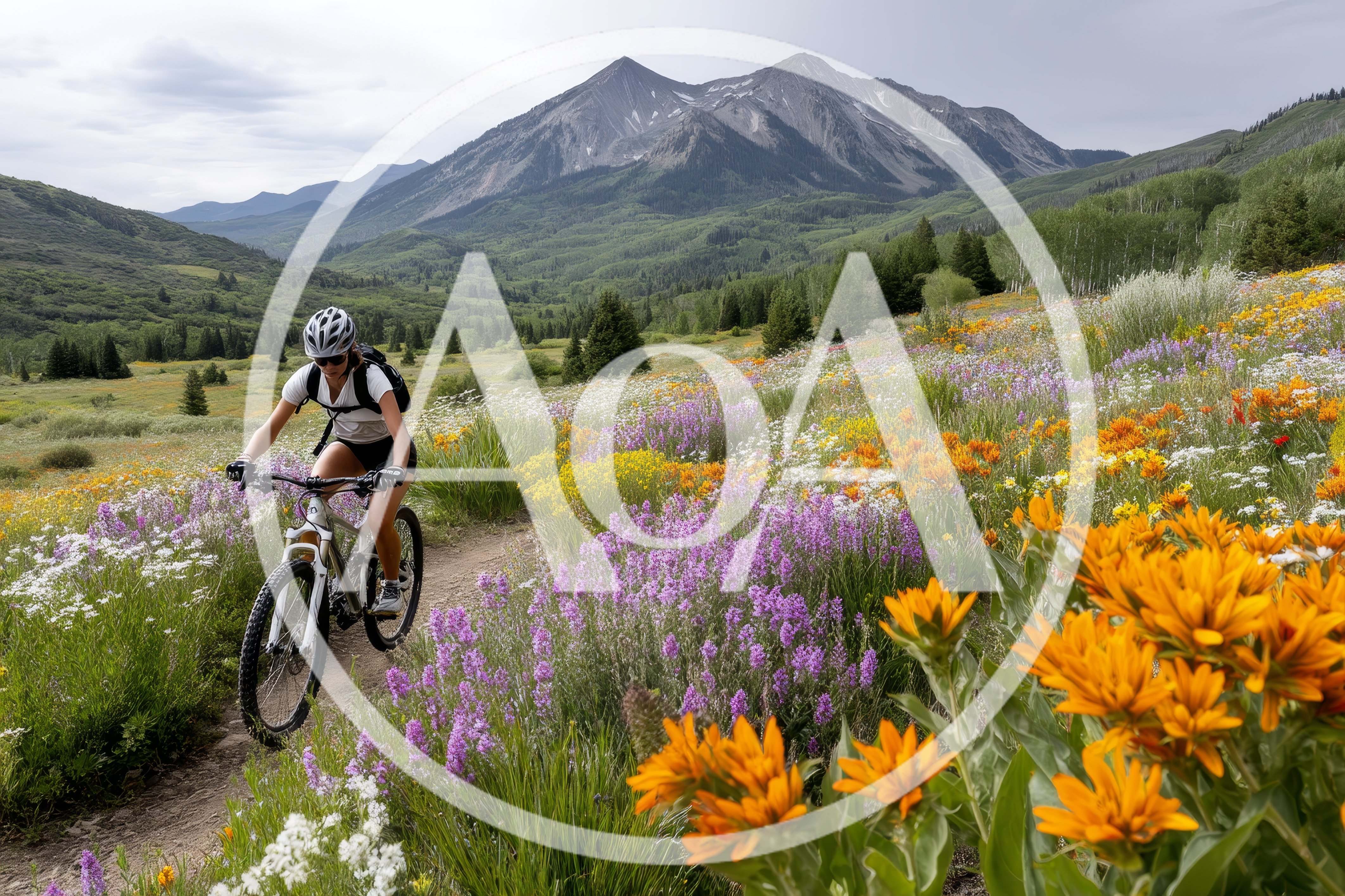 Woman Mountain Biking Through Wildflower Meadow