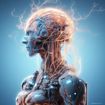 Futuristic Cyborg Humanoid With Glowing Neural Network Connections