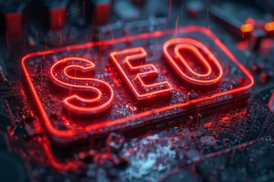 Neon SEO Text Glowing On A Digital Circuit Board