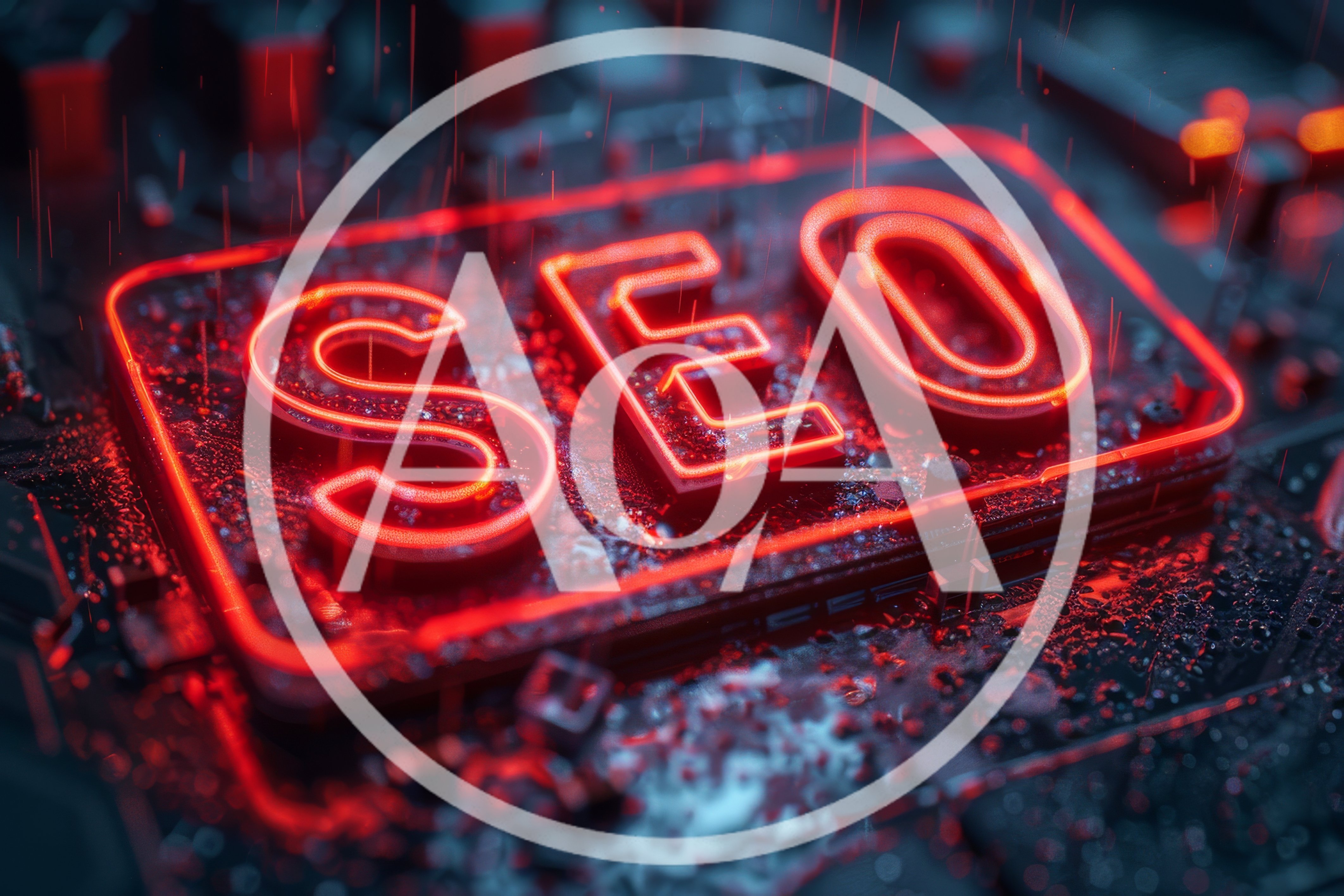 Neon SEO Text Glowing On A Digital Circuit Board