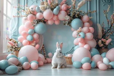 Cute Gray Bunny Sitting Amidst Pastel Easter Balloons