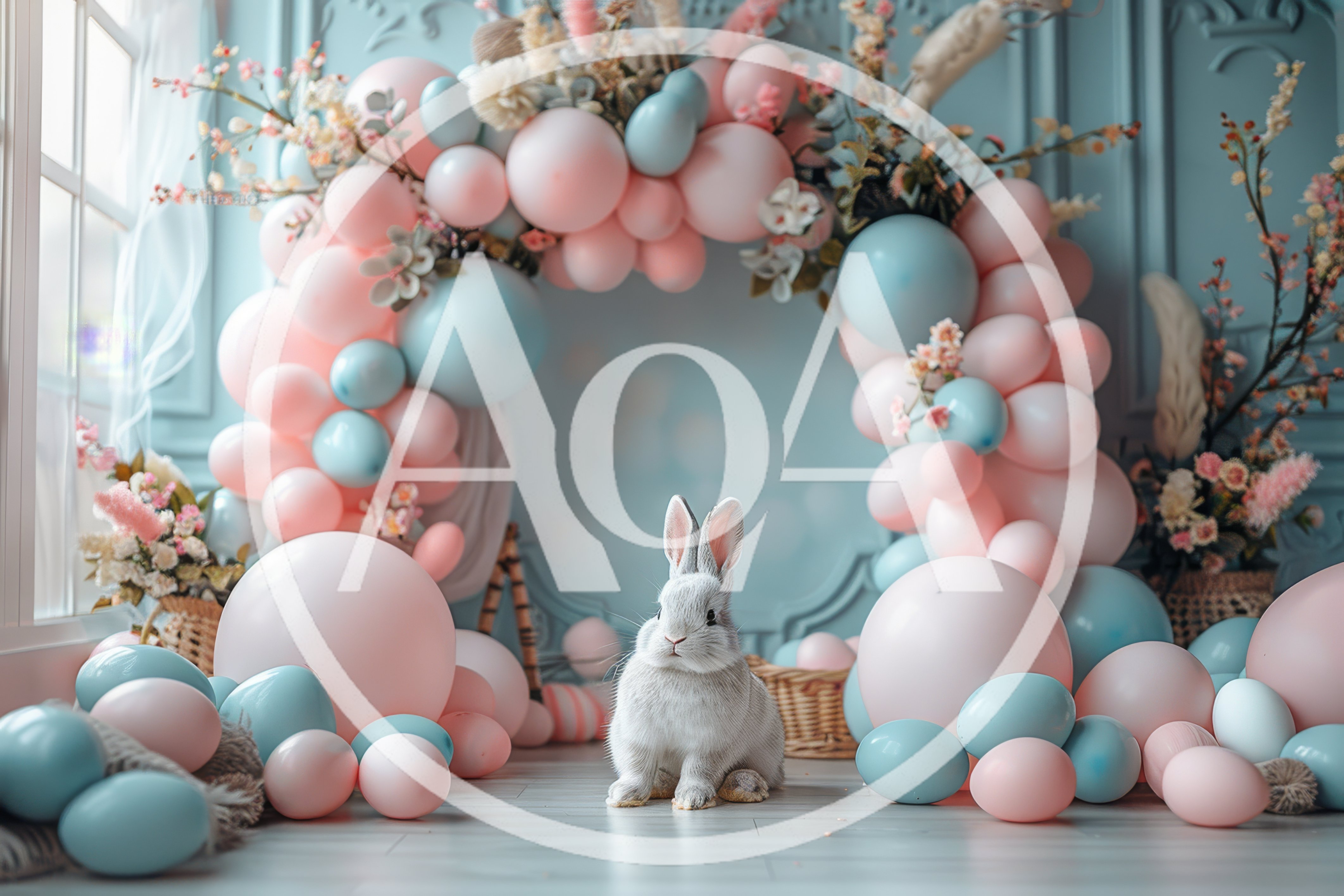 Cute Gray Bunny Sitting Amidst Pastel Easter Balloons