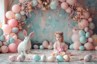 Toddler Girl Sitting With Easter Bunny And Decorated Eggs