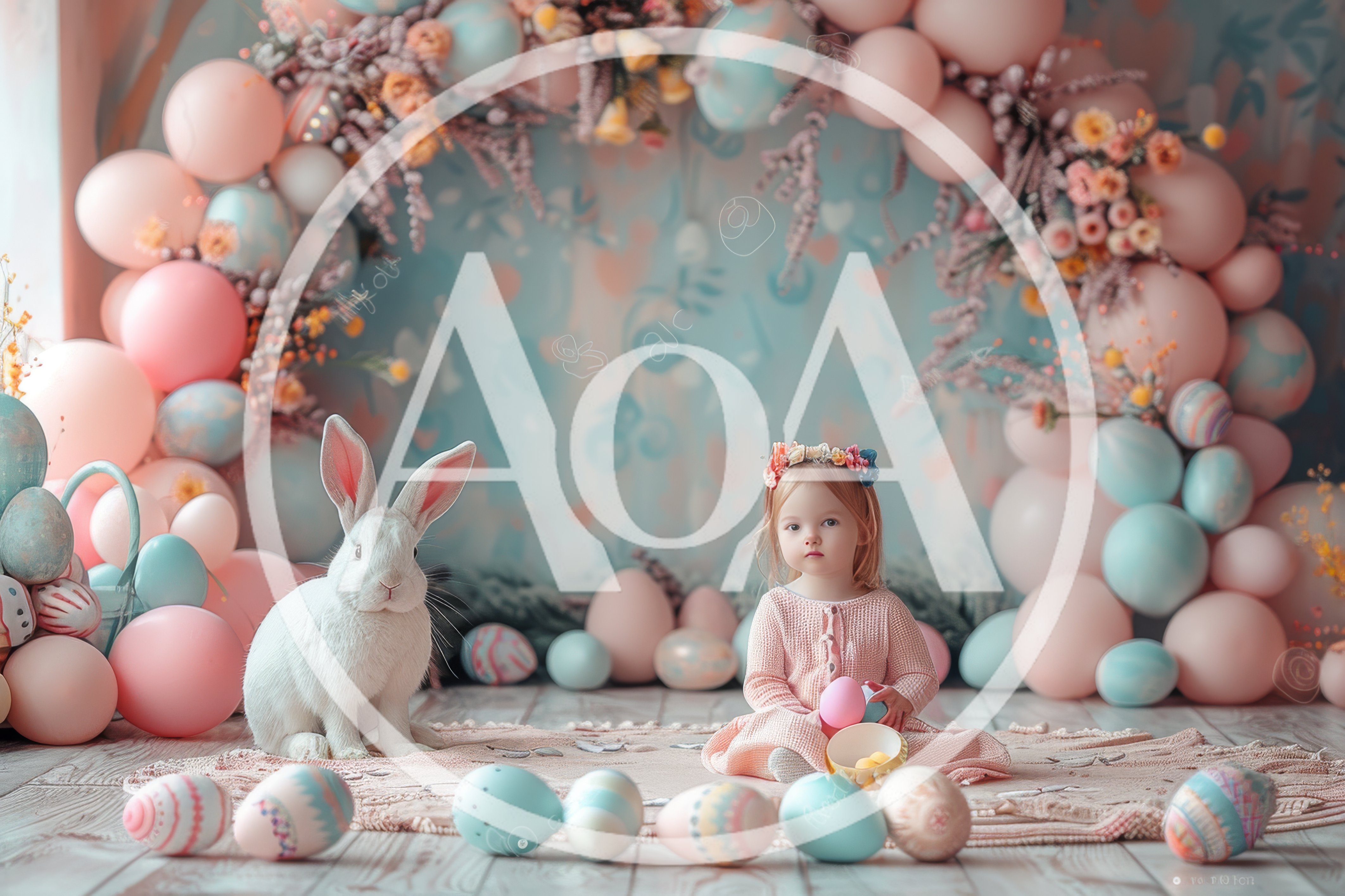 Toddler Girl Sitting With Easter Bunny And Decorated Eggs