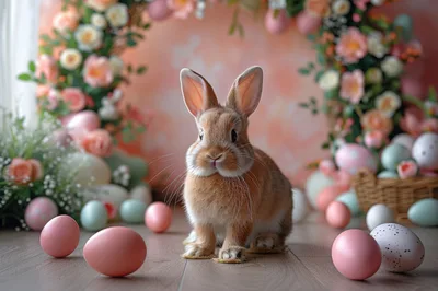 Cute Brown Easter Bunny Surrounded By Colorful Eggs
