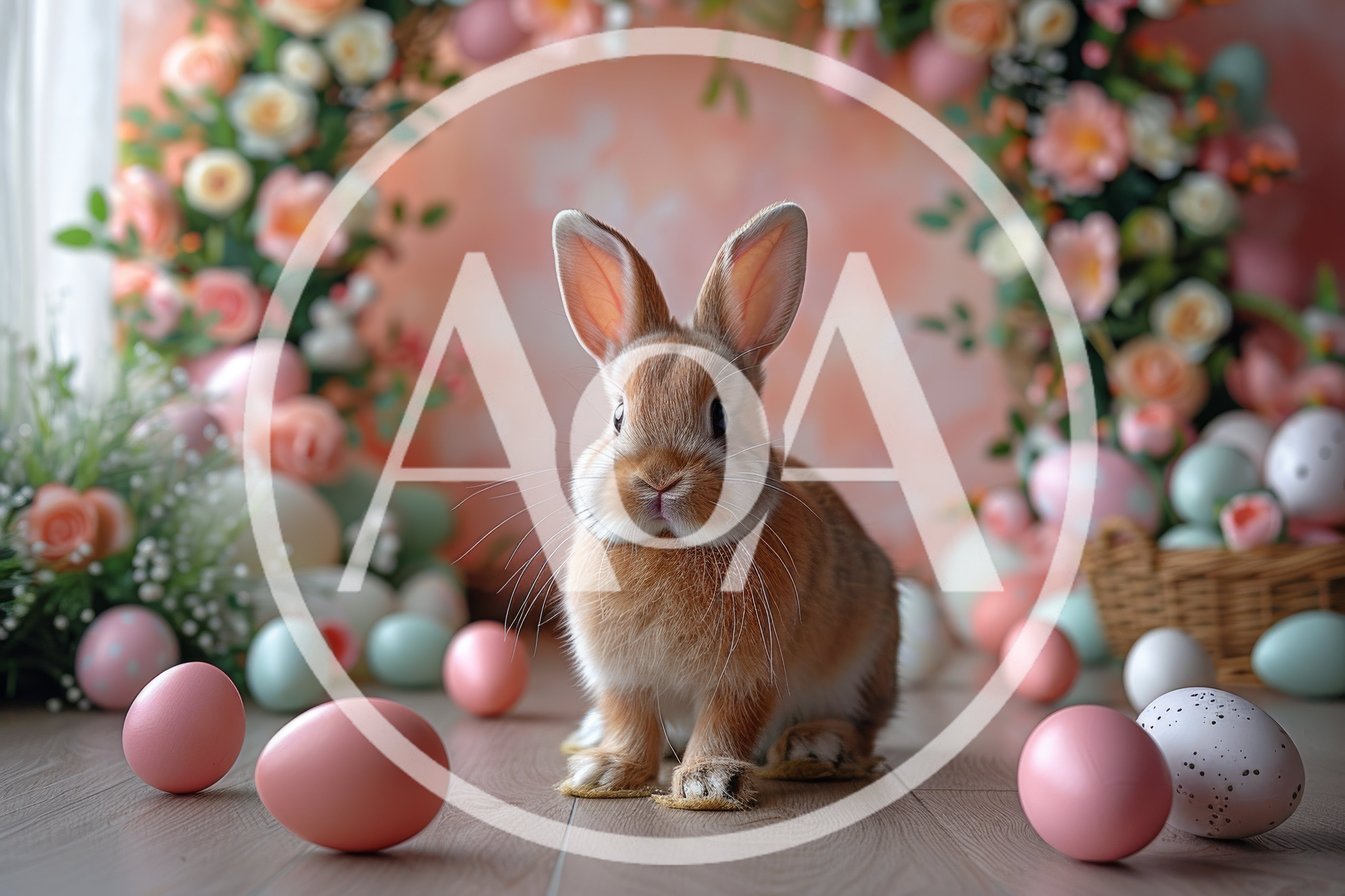Cute Brown Easter Bunny Surrounded By Colorful Eggs