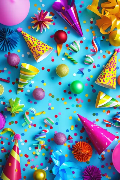 Festive Party Decorations And Confetti On Blue Background