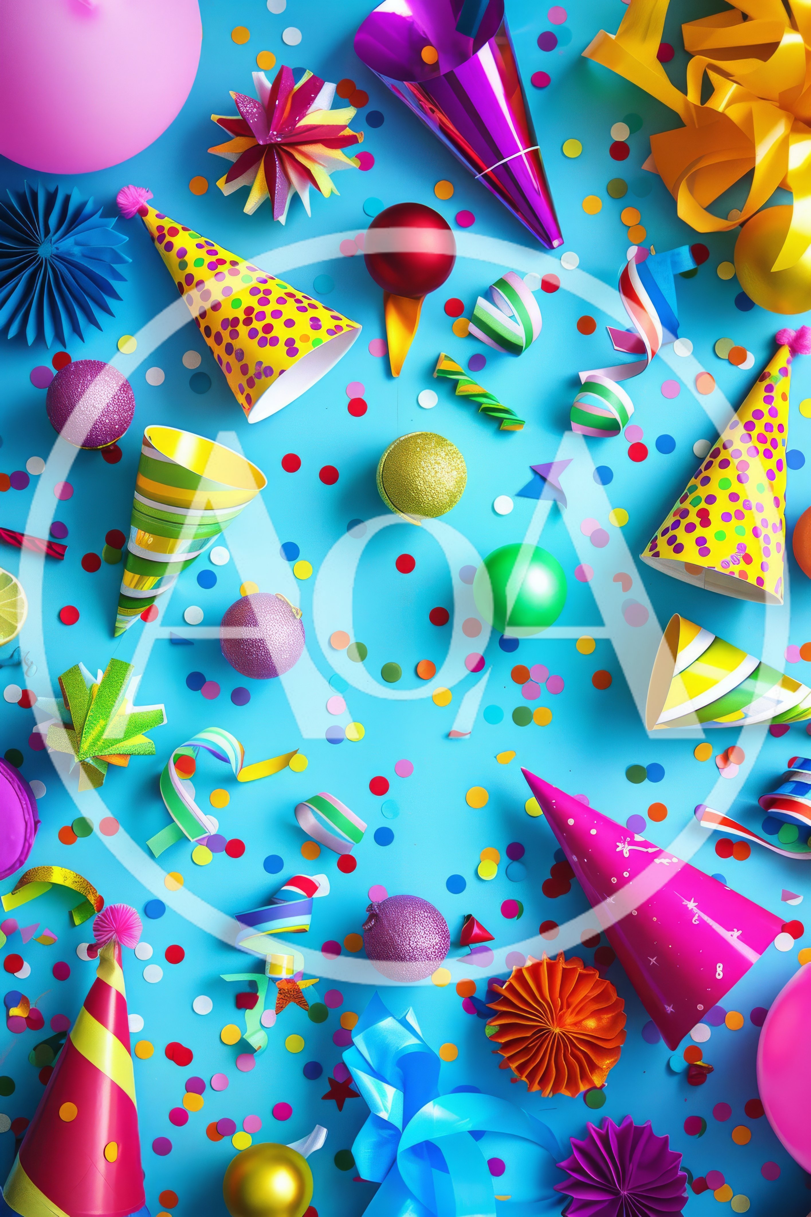 Festive Party Decorations And Confetti On Blue Background