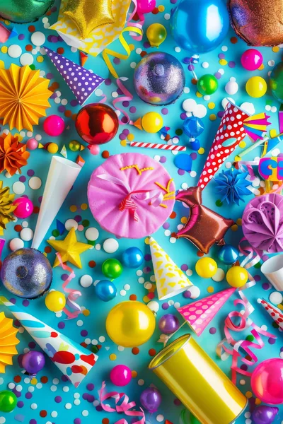 Festive Party Decorations and Confetti on Blue Background