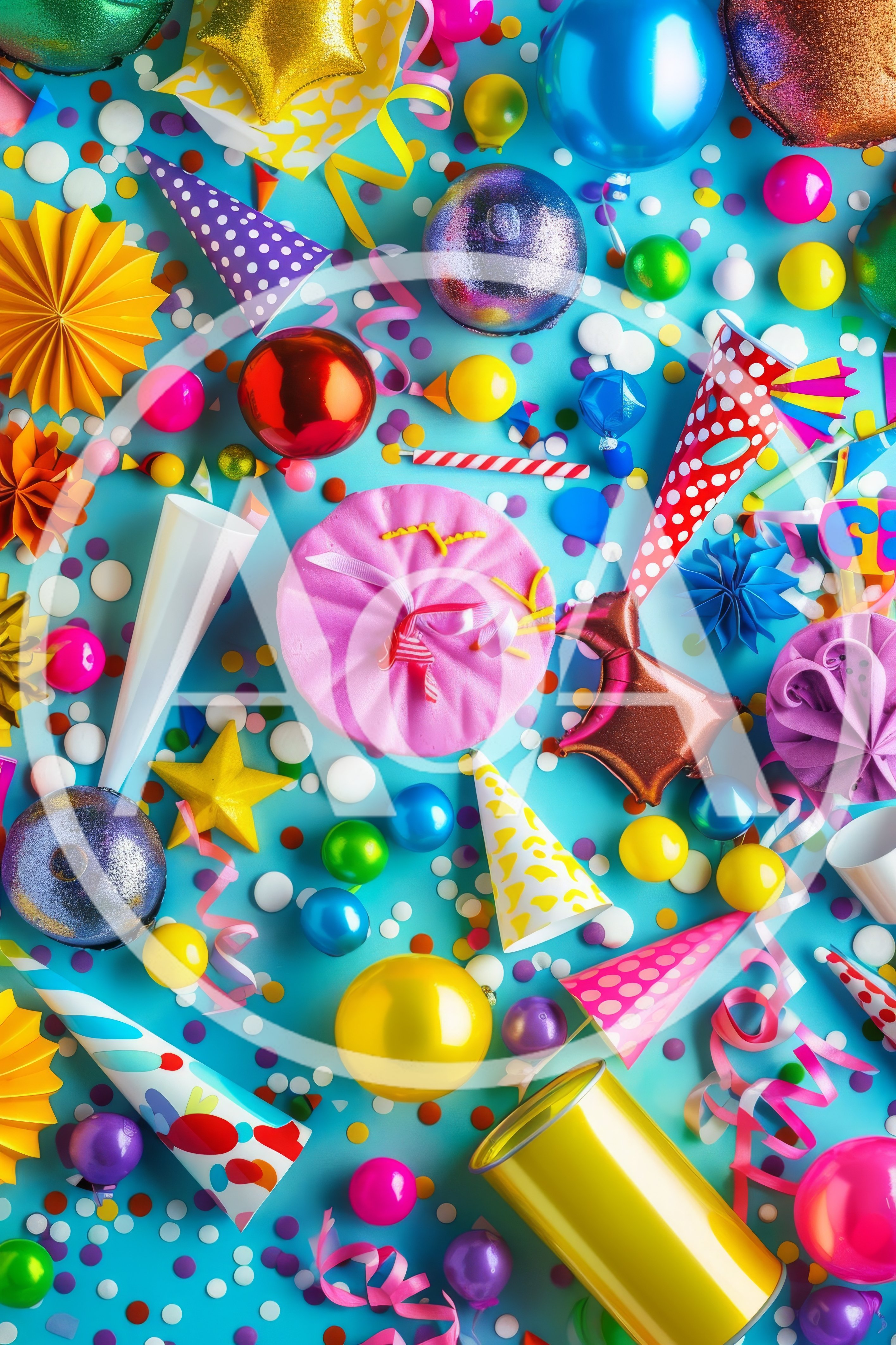 Festive Party Decorations and Confetti on Blue Background
