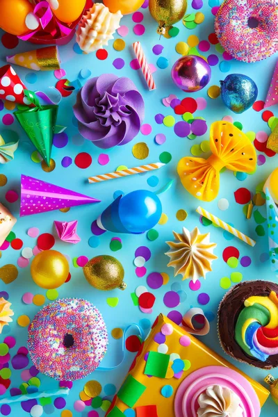 Festive Party Decorations and Sweets on Blue Background