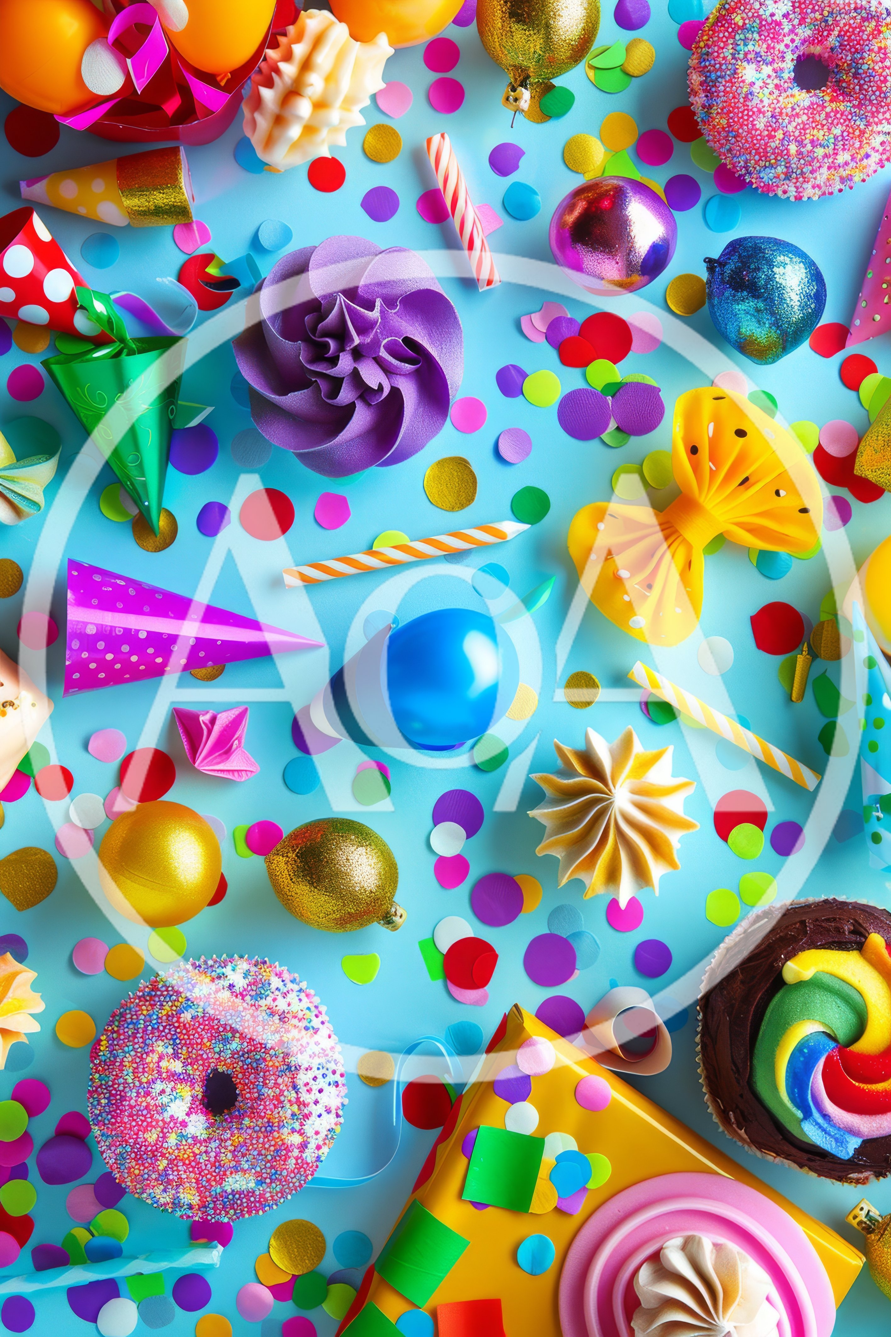 Festive Party Decorations and Sweets on Blue Background