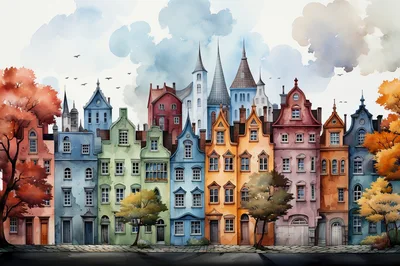 Watercolor Illustration Of Colorful European Townhouses