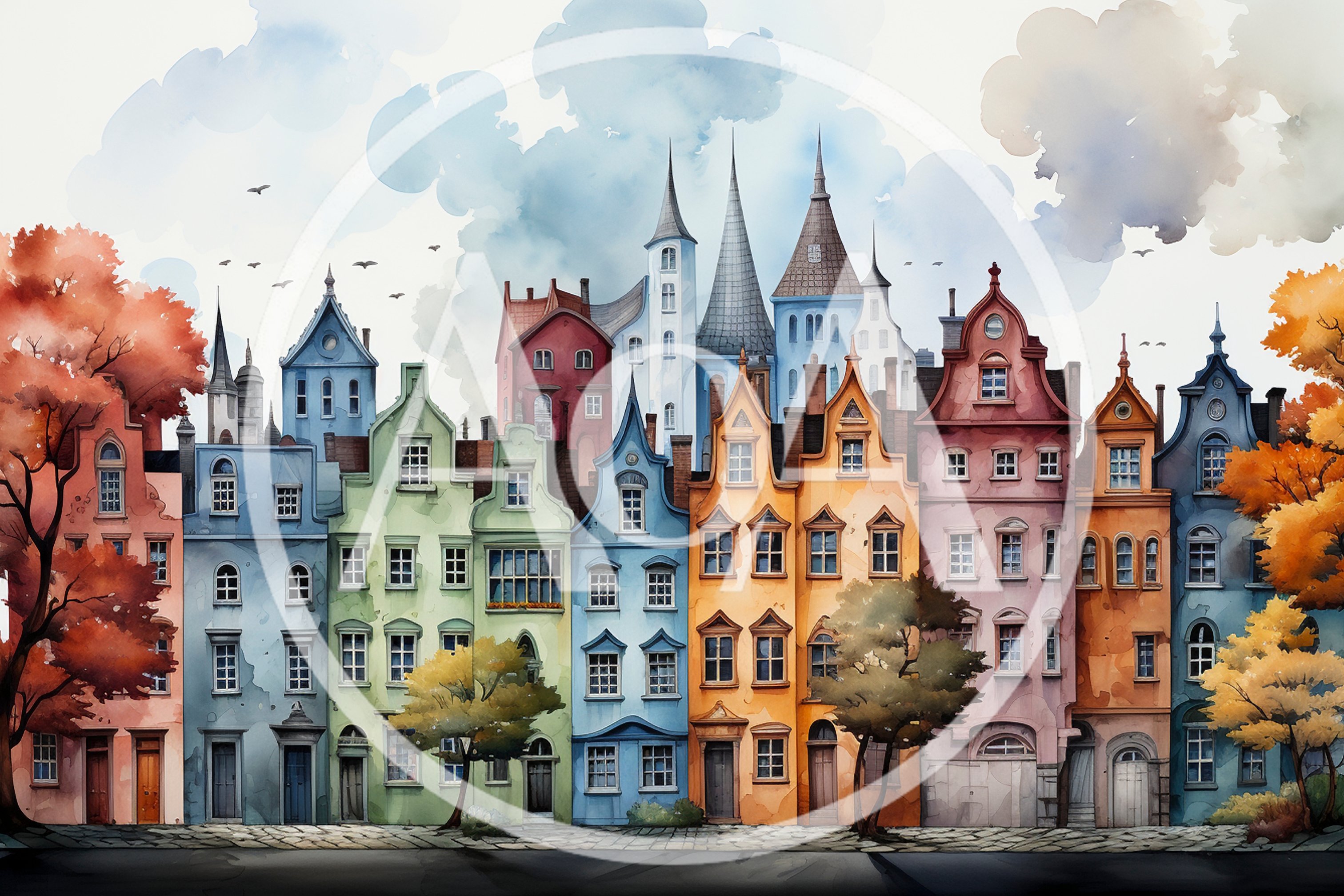 Watercolor Illustration Of Colorful European Townhouses