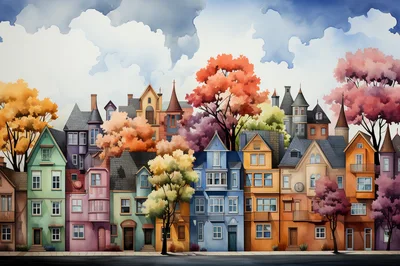 Watercolor Illustration Of Colorful Victorian Townhouses