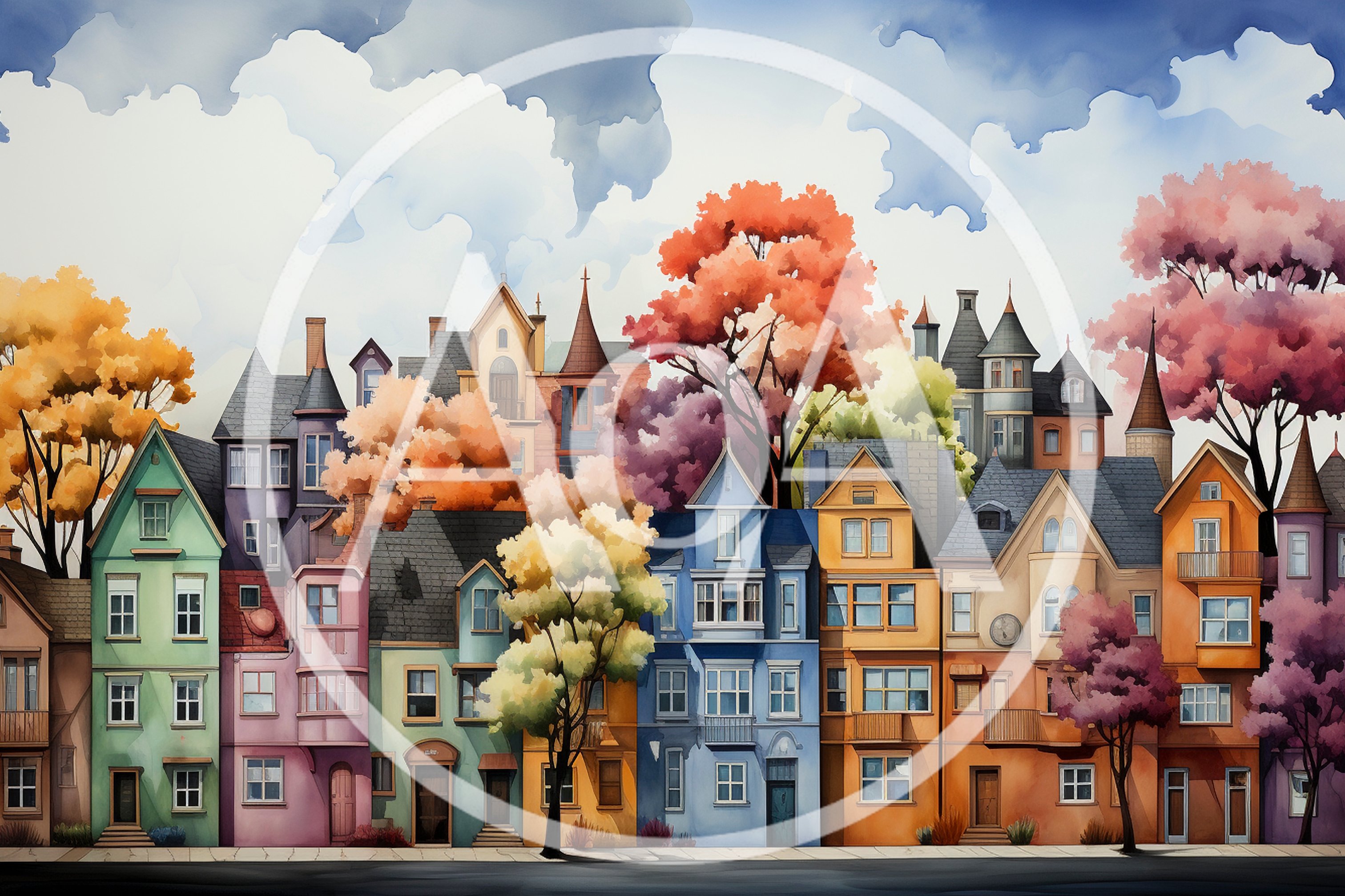 Watercolor Illustration Of Colorful Victorian Townhouses
