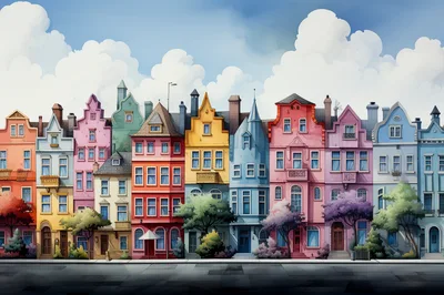 Colorful European Style Townhouses Along A City Street