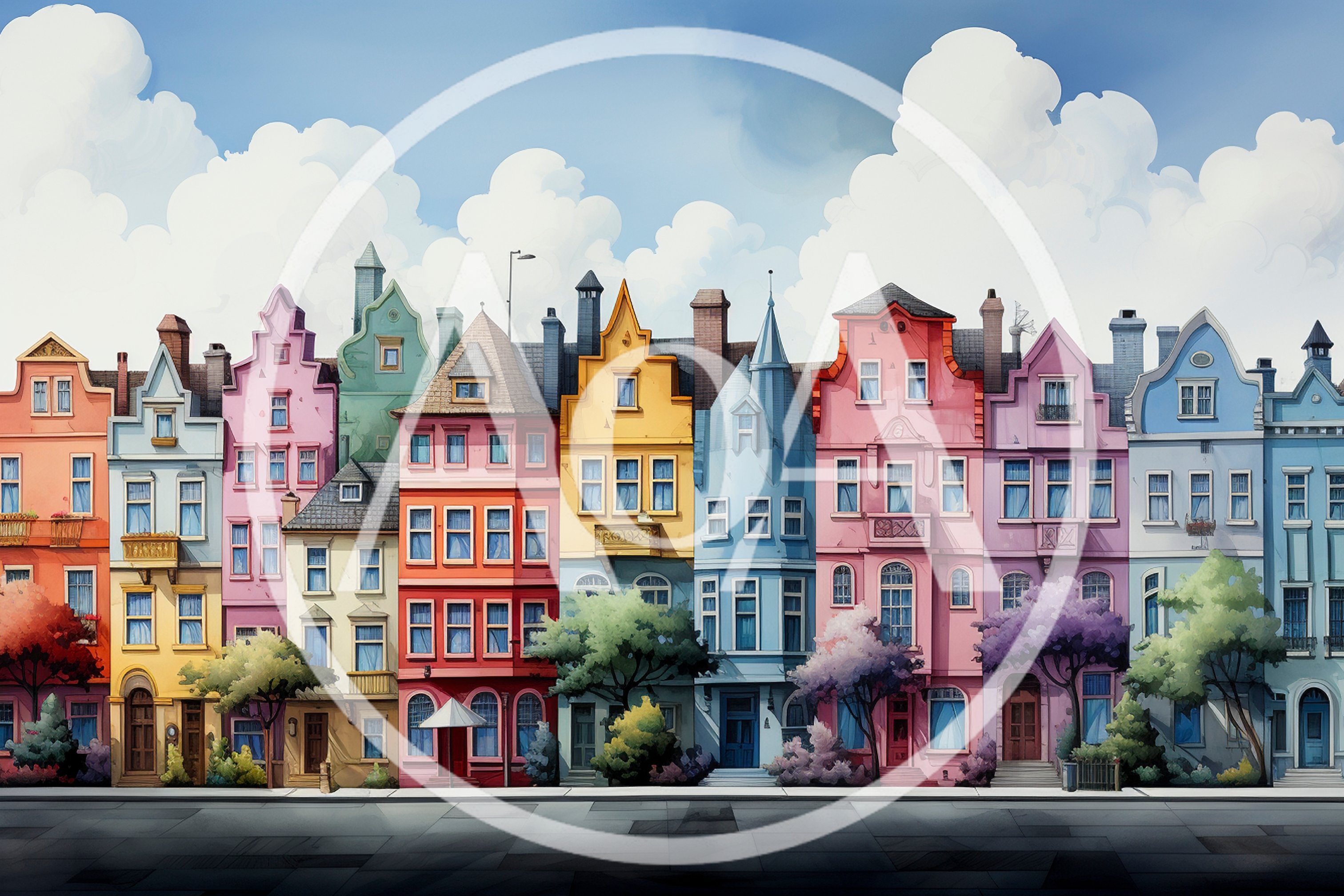 Colorful European Style Townhouses Along A City Street