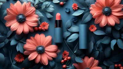 Coral Lipstick Tube Surrounded By Flowers And Foliage