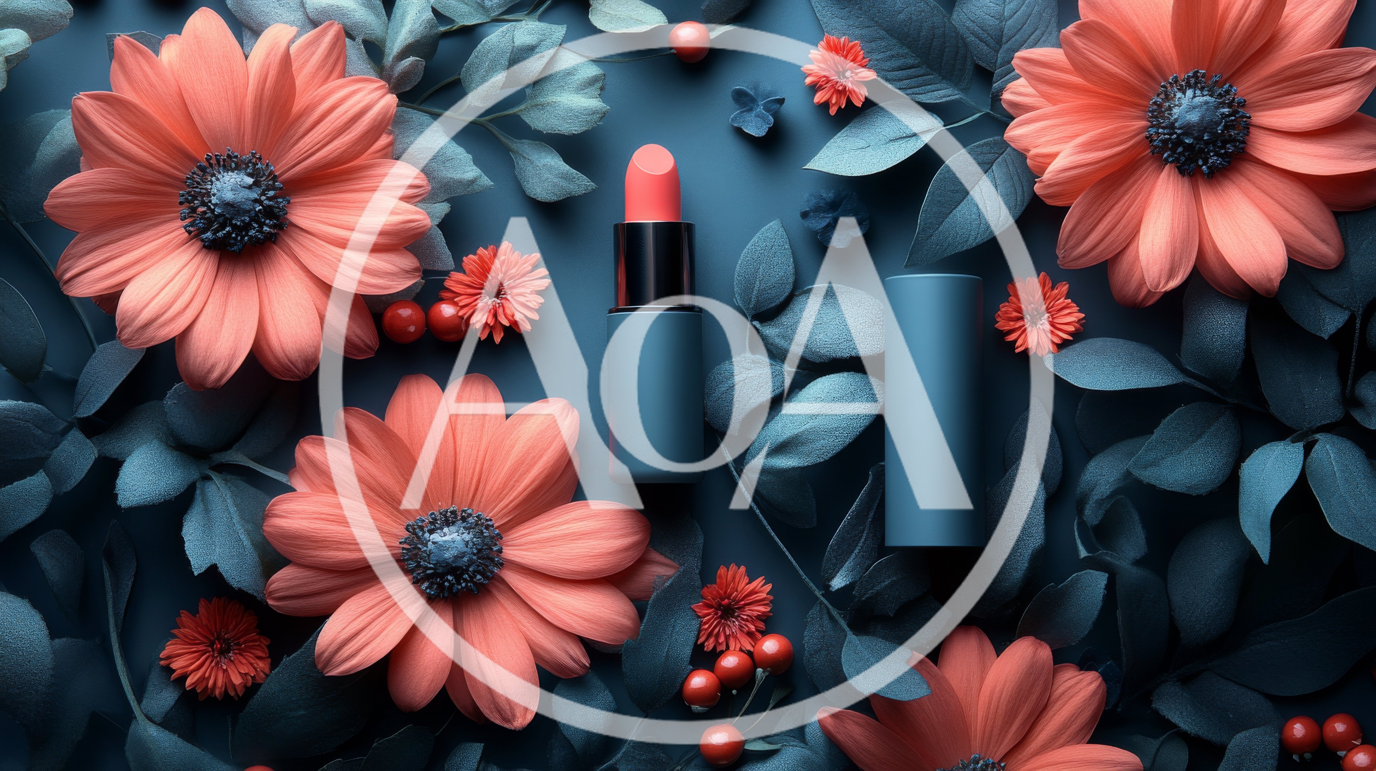 Coral Lipstick Tube Surrounded By Flowers And Foliage
