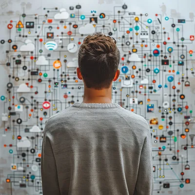 Young Man Analyzing Complex Digital Network Data Visualization