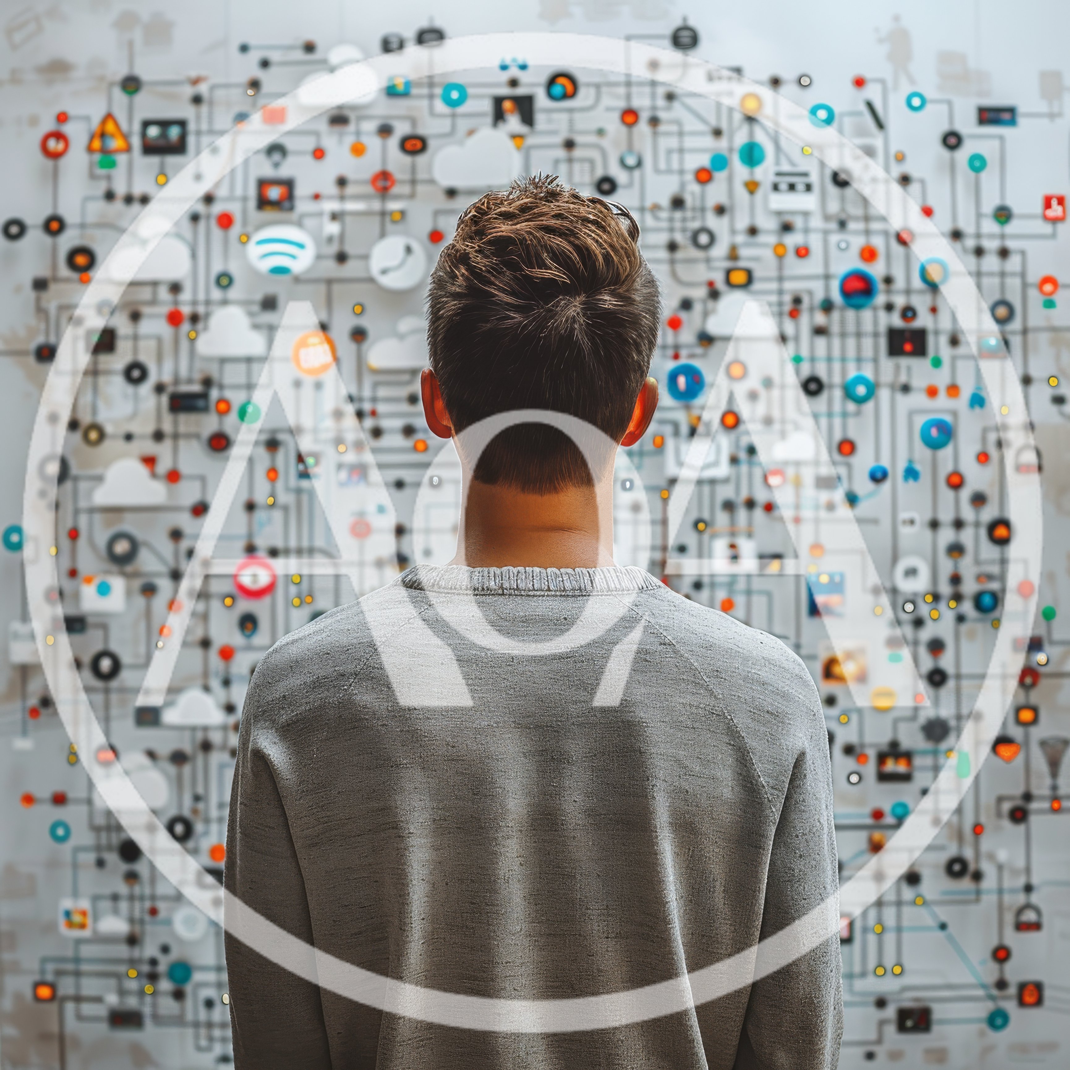 Young Man Analyzing Complex Digital Network Data Visualization