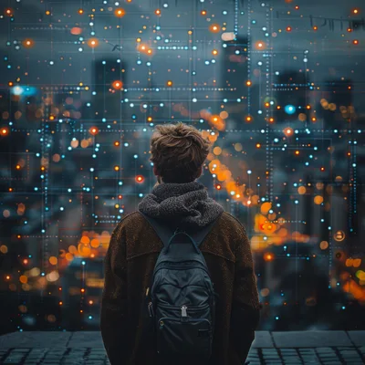 Young Man Looking At Digital Cityscape Data Visualization