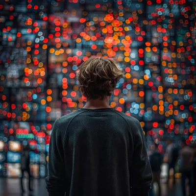 Young Man Standing Before A Wall Of Bokeh Lights