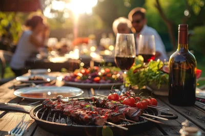 Grilled Meat Skewers At An Outdoor Dinner Party