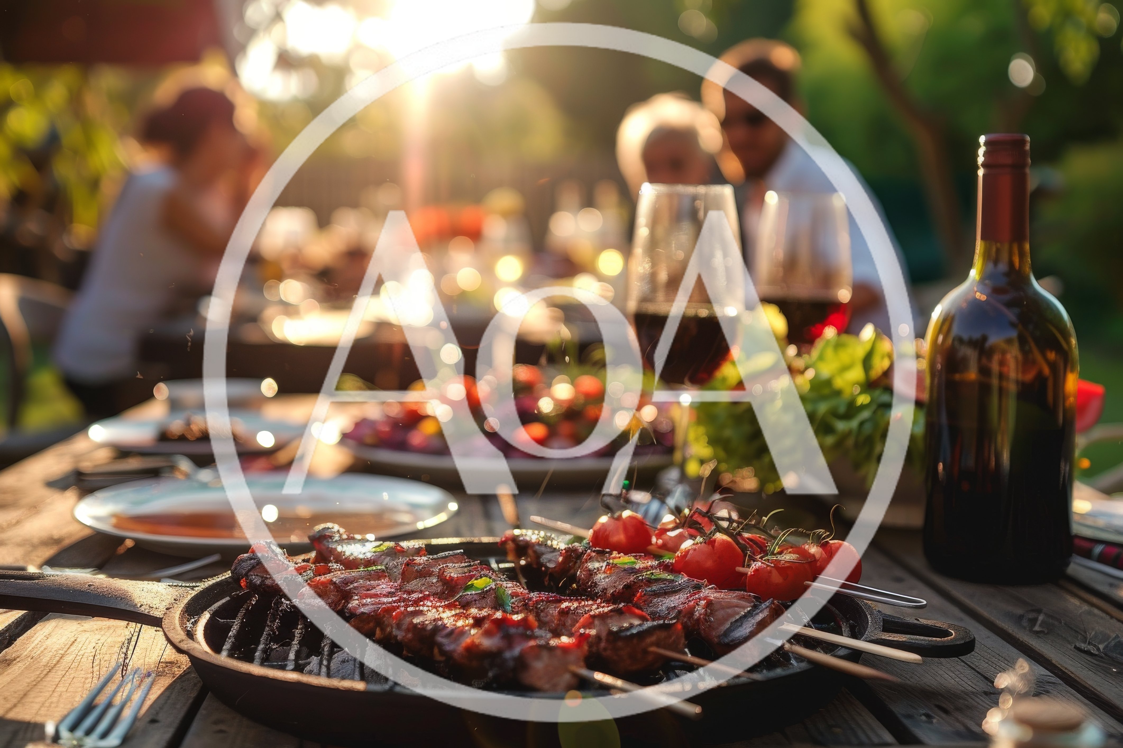 Grilled Meat Skewers At An Outdoor Dinner Party