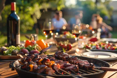 Grilled Meat Skewers At An Outdoor Garden Party