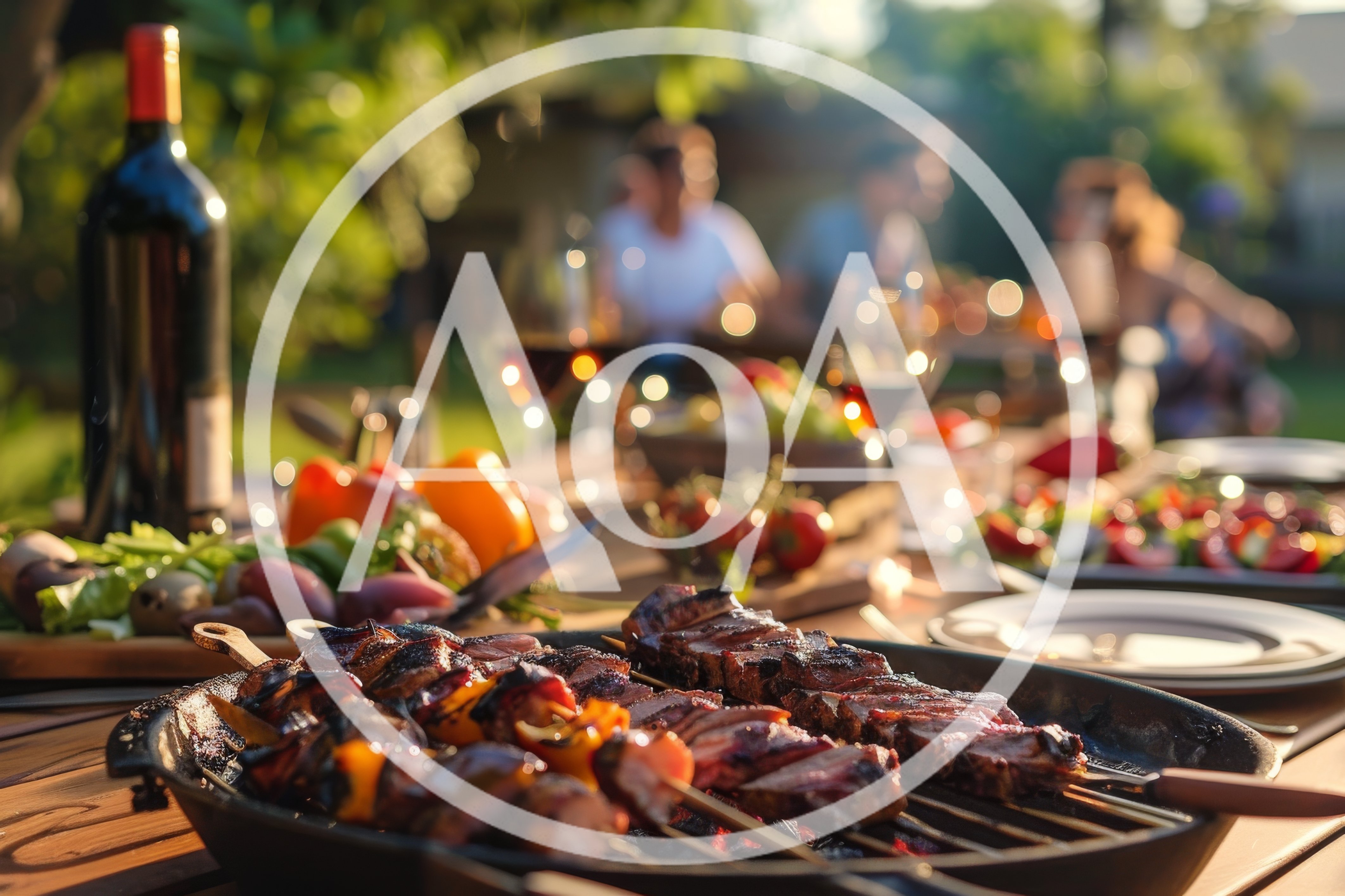 Grilled Meat Skewers At An Outdoor Garden Party