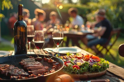 Outdoor Summer Dinner Party With Grilled Steak And Wine