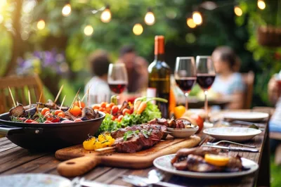 Outdoor Dinner Party With Grilled Meat And Wine