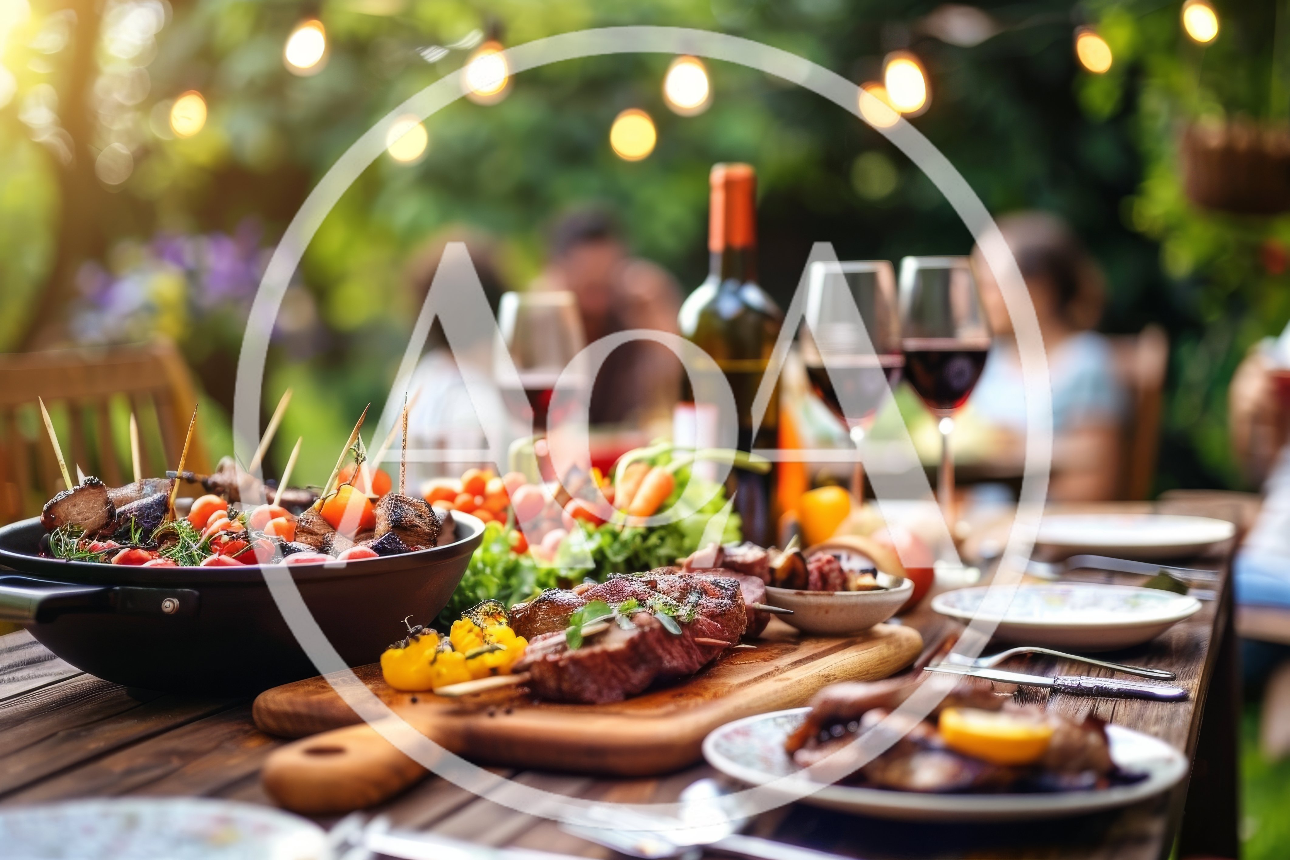 Outdoor Dinner Party With Grilled Meat And Wine