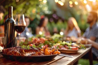 Friends Enjoying A Grilled Meat Dinner Outdoors
