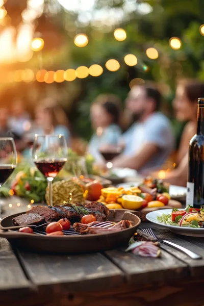 Outdoor Dinner Party With Grilled Steak And Wine