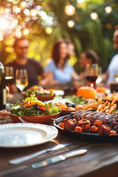 Friends Enjoying Outdoor Dinner Party With Grilled Steak