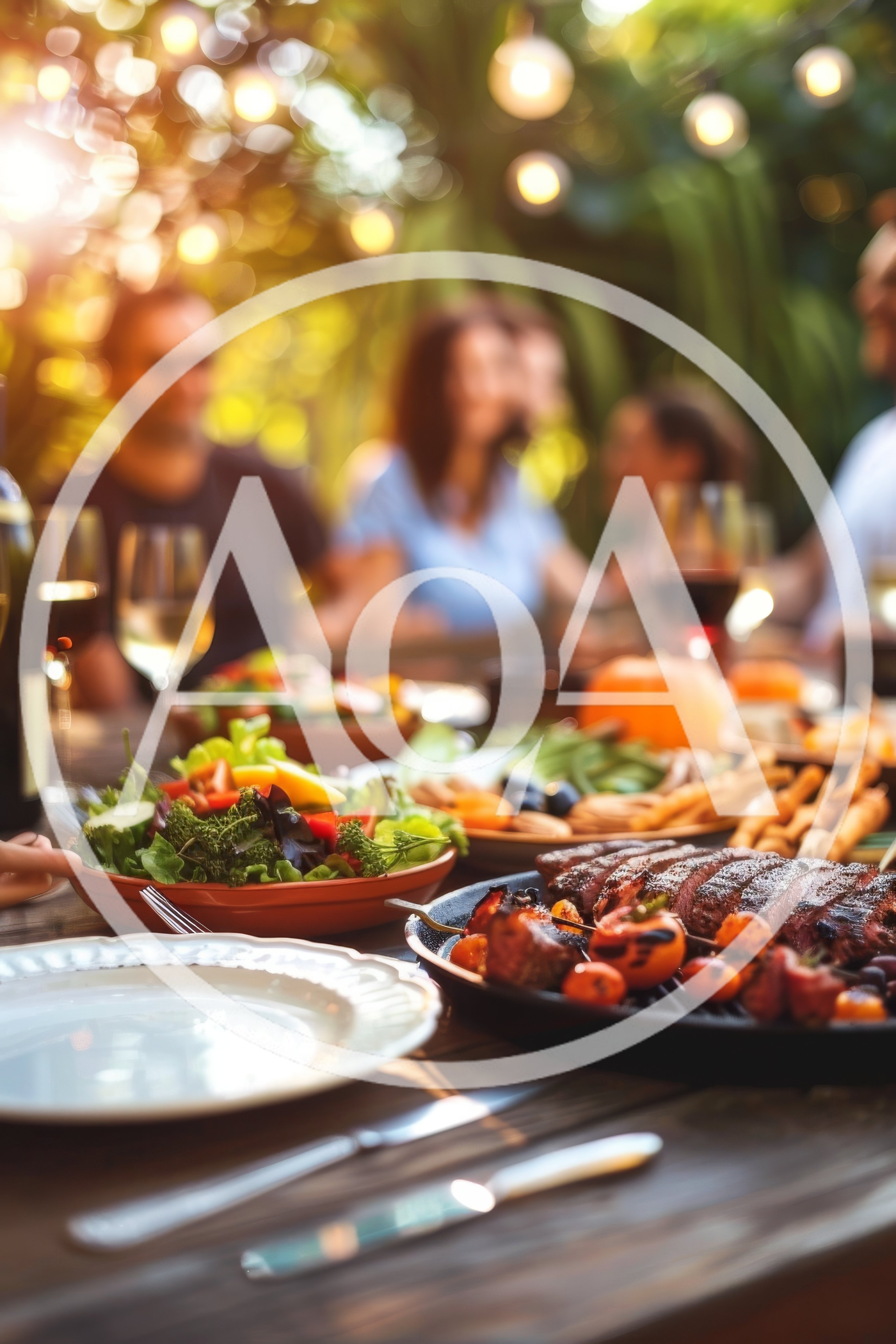 Friends Enjoying Outdoor Dinner Party With Grilled Steak
