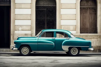 Vintage Teal Classic Car Parked On City Street