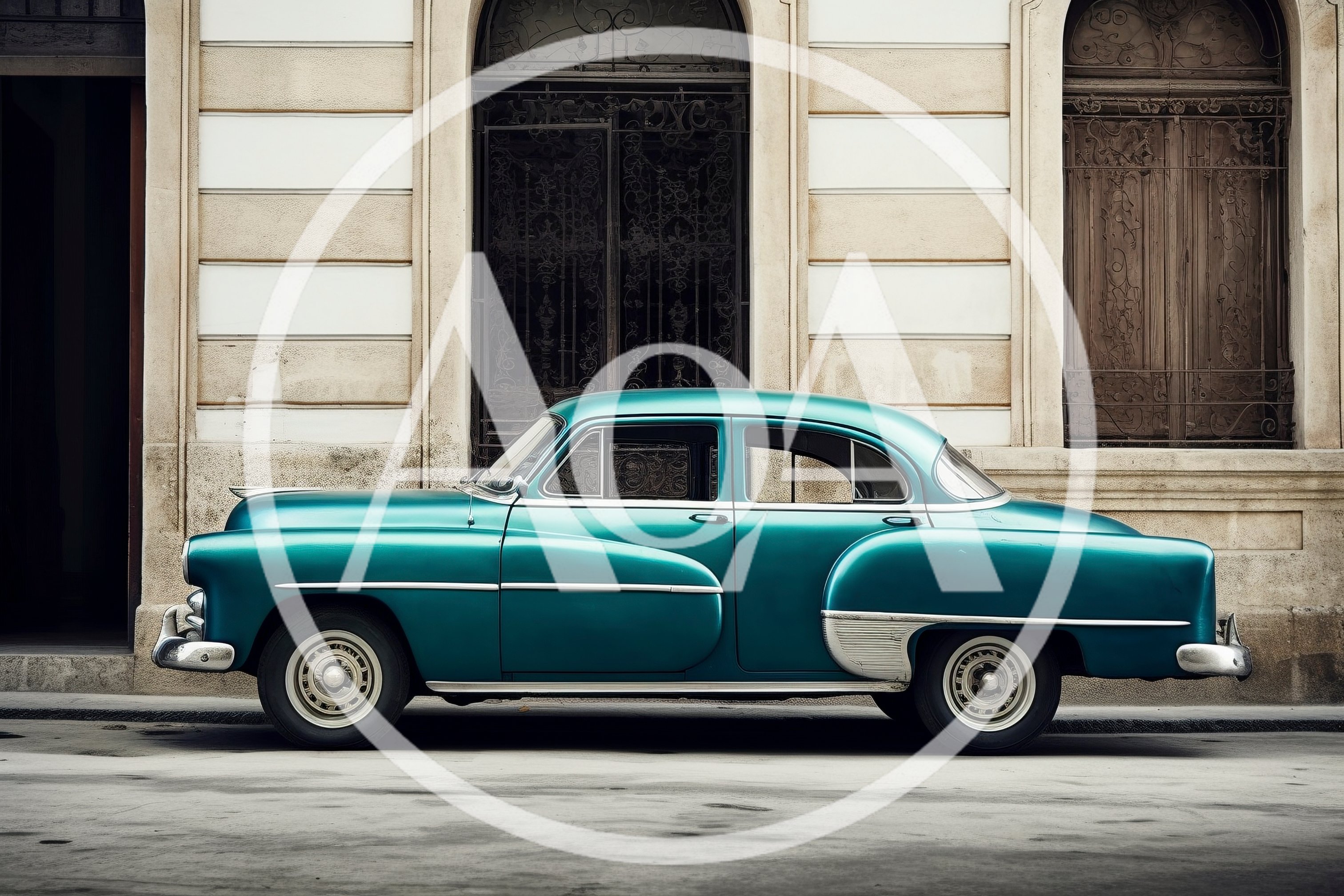 Vintage Teal Classic Car Parked On City Street
