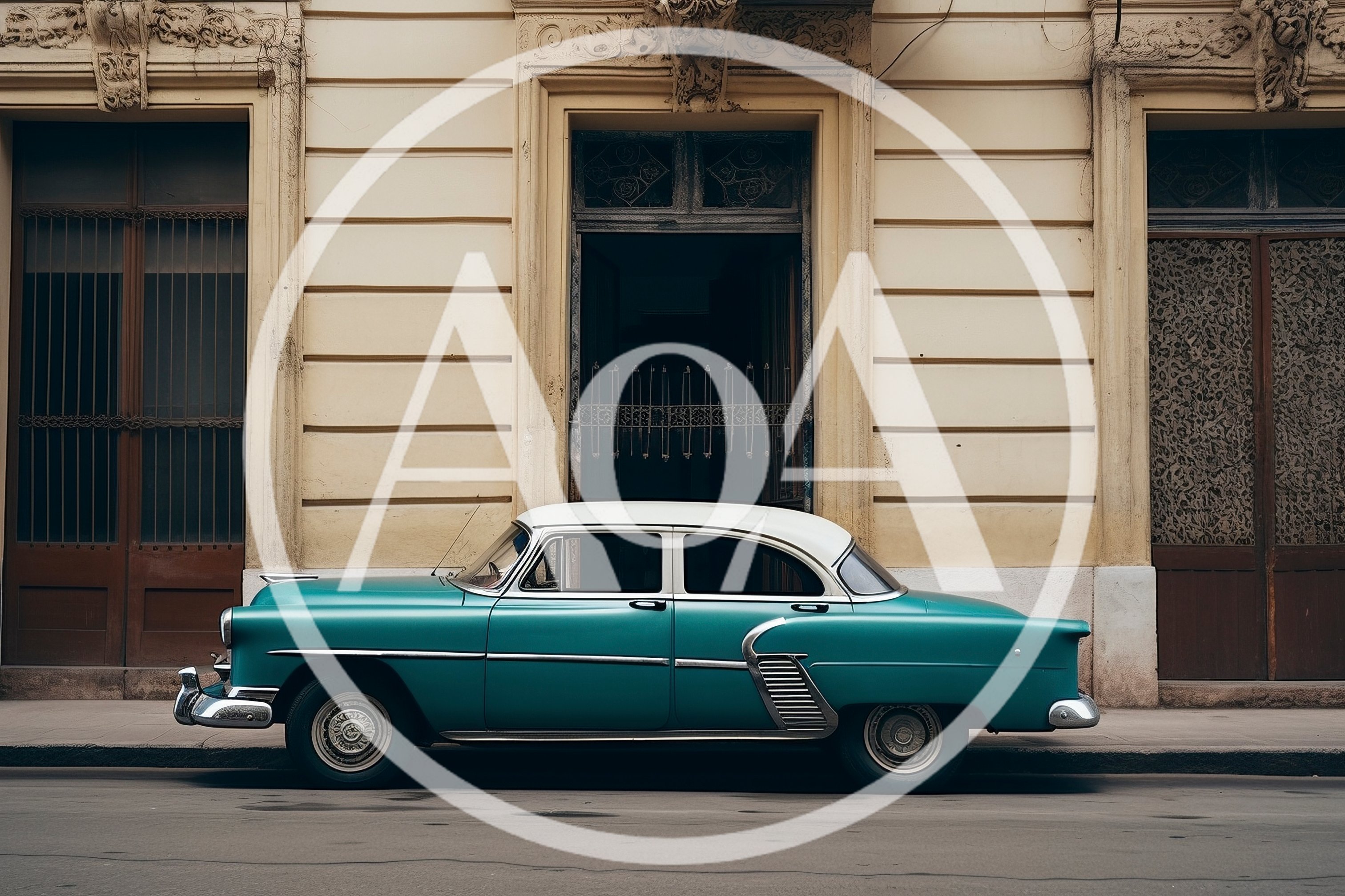 Vintage Teal And White Classic Car Parked On Street