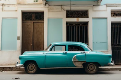 Vintage Turquoise Classic Car Parked On City Street