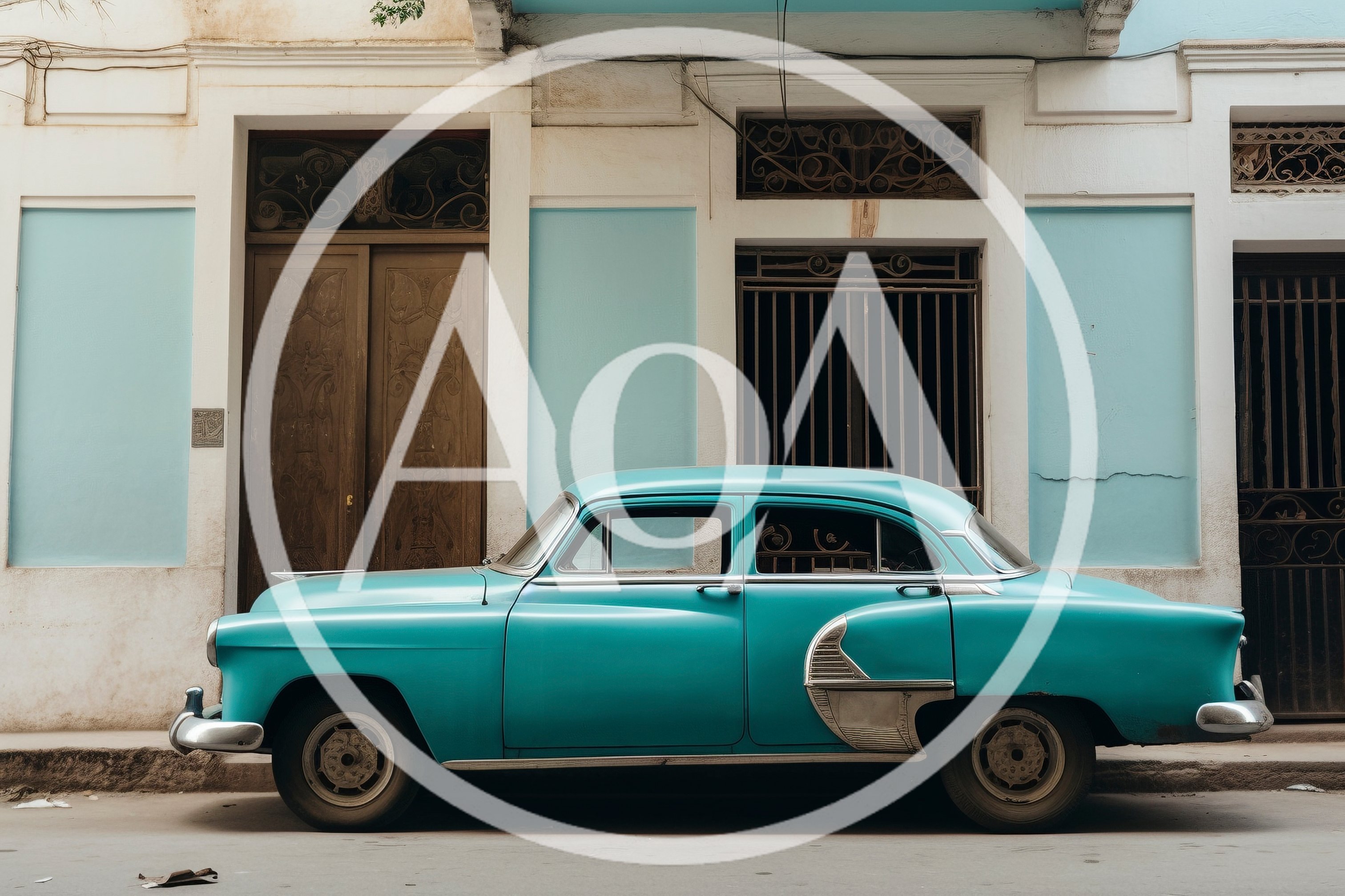 Vintage Turquoise Classic Car Parked On City Street