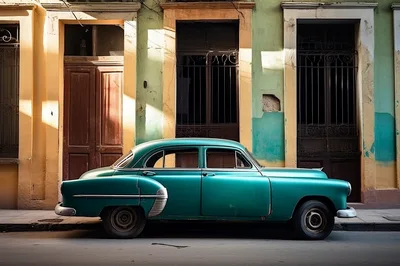 Vintage Teal Classic Car Parked On Havana Street