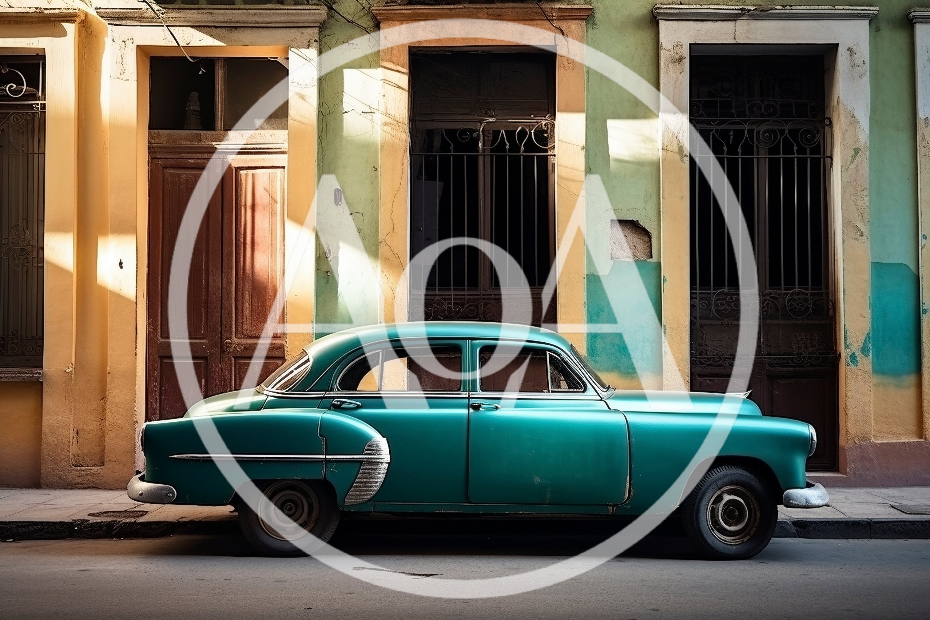 Vintage Teal Classic Car Parked On Havana Street